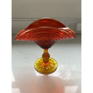 Vintage Italian Glass Amber In Diamond Point‎ Flared Compote